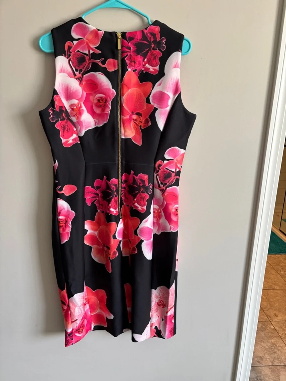 Calvin Klein Black Midi Dress with Pink & Red Floral Print - Picture 3 of 6